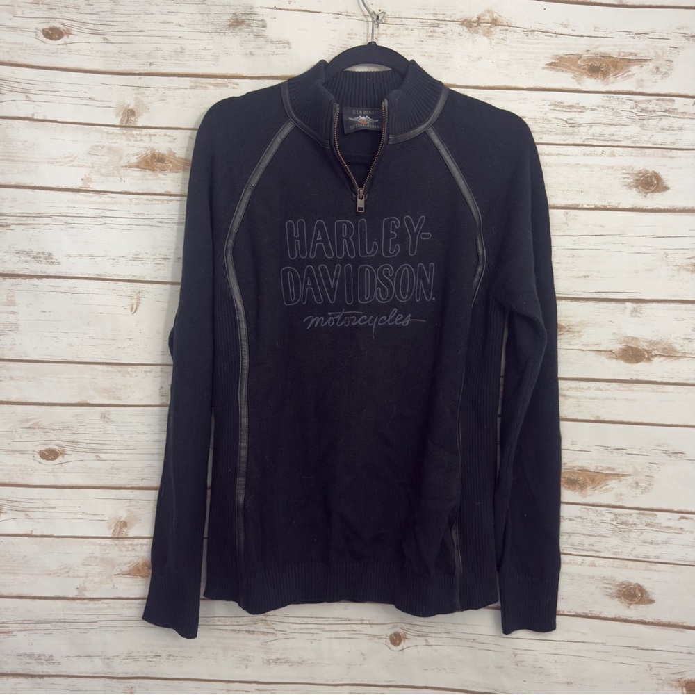 Harley Davidson Black Embroidered Wool Blend 1/4 Zip Pullover Sweater